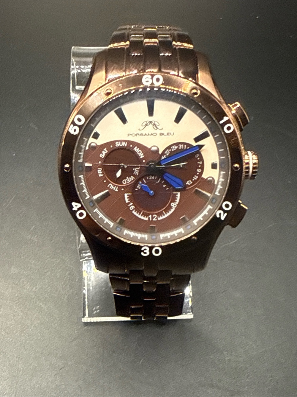 Porsamo Bleu Brown Chronograph Bracelet Watch with Blue Hands New Battery